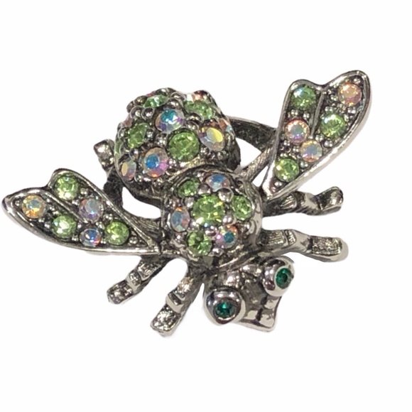 JOAN RIVERS CLEAR AURORA BOREALIS & GREEN CRYSTALS SILVER TONE BUMBLEBEE BROOCH - Picture 3 of 16
